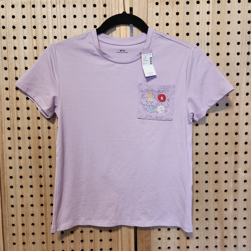 Medium 10 Girls Purple Lavender TShirt With LOVE Stitched On The Pocket
